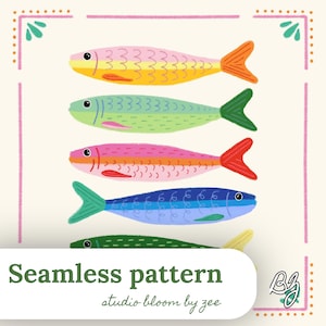Puede incluir: Una ilustración digital de cinco peces horizontales apilados verticalmente, cada uno en diferentes colores incluyendo amarillo, verde, rosa, azul y verde oscuro, con un borde decorativo y el texto Seamless pattern studio bloom by zee.