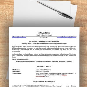 May include: A professional resume for Kyle Ross, a Seasoned Database Administrator, printed on white paper. The document details technical skills in Linux, Solaris, Windows, Oracle, and MS SQL Server, alongside professional experience at Manhattan Software.