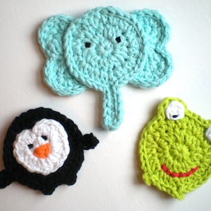 PATTERN: Three Animal Appliques, easy crochet PDF, zoo patch embellishment, Penguin, Elephant, Frog, InStaNT DowNLoaD, Permission to Sell image 1