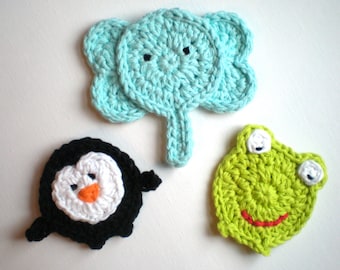 PATTERN:  Three Animal Appliques, easy crochet PDF, zoo patch embellishment, Penguin, Elephant, Frog, InStaNT DowNLoaD, Permission to Sell