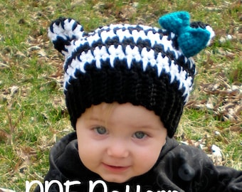 PATTERN:  Houndstooth Hat, easy crochet PDF, size newborn to adult, zebra ears with bow, InStaNT DowNLoaD, Permission to Sell