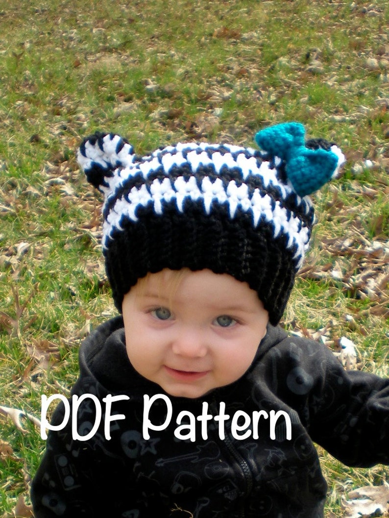 PATTERN: Houndstooth Hat, easy crochet PDF, size newborn to adult, zebra ears with bow, InStaNT DowNLoaD, Permission to Sell image 1