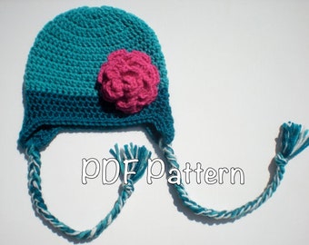 PATTERN:  - Rosie Earflap Hat, Easy Crochet, Sizes Newborn to Adult, flower two tone beanie, InStAnT DiGiTaL DoWnLoAd, permission to sell