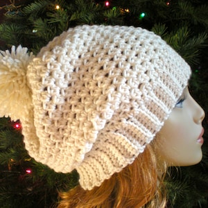 PATTERN:  Snow Bunny Hat, easy crochet, slouch beanie, adult, PDF, textured slouchy hat with pom pom, InsTanT DownLoaD, Permission to Sell