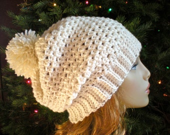 PATTERN:  Snow Bunny Hat, easy crochet, slouch beanie, adult, PDF, textured slouchy hat with pom pom, InsTanT DownLoaD, Permission to Sell