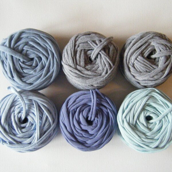 6 balls of tshirt yarn- blues and greys, no knots