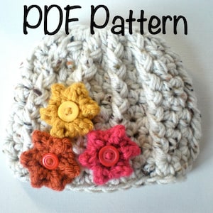 Puede incluir: Un gorro de ganchillo color crema con tres aplicaciones de flores en tonos amarillos, naranjas y rosas. Cada flor tiene un botón en el centro. El texto "PDF Pattern" está escrito en negro en la parte superior.
