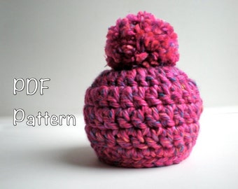 PATTERN:  Pom Teeny- Crochet hat pattern, newborn size 0-3m, easy crochet, pompom, chunky beanie, pdf, InStanT DoWnLoAd, Permission to Sell