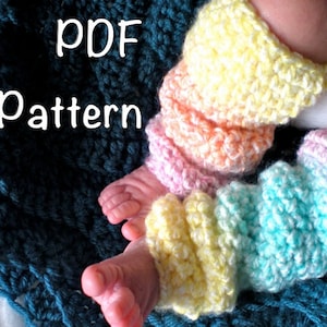 May include: PDF pattern for crocheted leg warmers in rainbow colors. The leg warmers are made with a textured stitch and feature a pink, orange, yellow, and blue color scheme.
