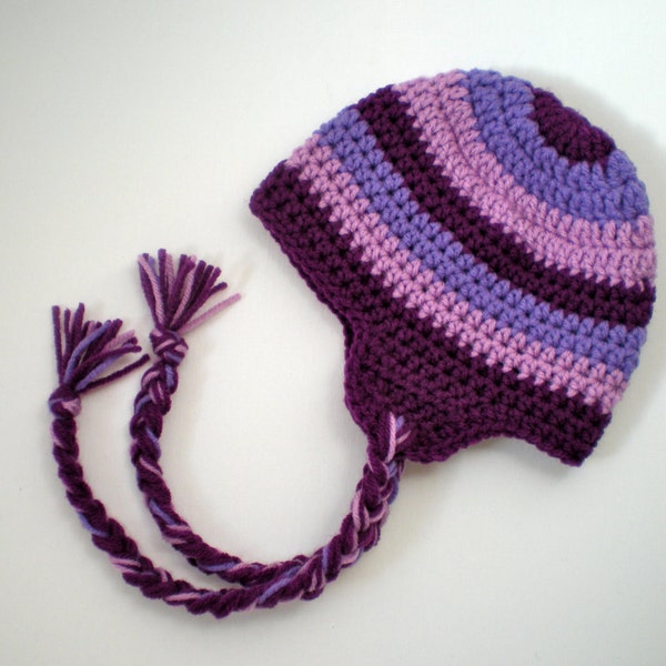 PATTERN:  Striped Earflap Hat- Easy Crochet, Sizes NB to Adult, pink purple tassels pompom, beanie, InStAnT DoWnLoAd, Permission to Sell