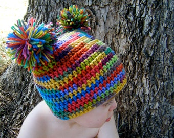 PATTERN:  Rainbow Pom Hat, easy crochet PDF, size newborn infant toddler, pom poms, crochet, InStAnT DoWnLoAd, Permission to Sell