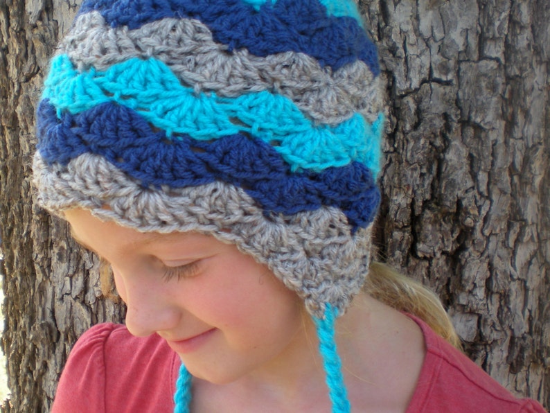 PATTERN: Stellabel Hat Easy Crochet PDF, 3 Sizes, tassels striped flower beanie, lacy shells, InStAnT DoWnLoad, Permission to Sell image 2