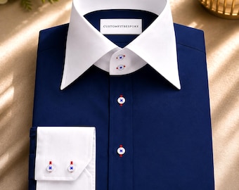 Herren Giza Cotton Navy Blue Dress Shirt | Kontrast weißer Kragen und Manschetten