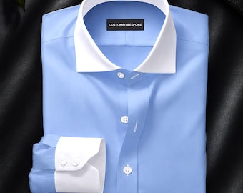 Sky Blue Giza Cotton Dress Shirt With White Contrast Collar & Cuffs | Formal Business Shirt