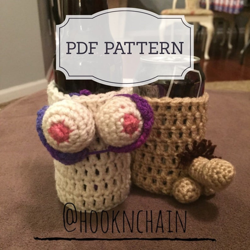 Crochet PDF pattern for Boob and penis bottle can holder sleeve crochet pattern set image 1