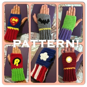 May include: Six crocheted fingerless gloves with superhero logos. The gloves are red, blue, green, yellow, purple, and gray. The logos are Superman, Batman, Robin, Captain America, Iron Man, and a white star.