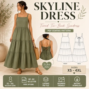 Può includere: Abito estivo a balze verde oliva con dettaglio allacciatura sulla schiena, mostrato su una modella. L'immagine include un modello di cucito PDF con taglie XS-4XL. Il testo sull'immagine dice "SKYLINE DRESS" e "Tiered Tie-Back Sundress".