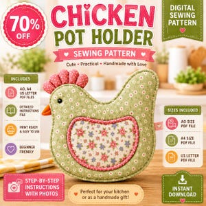 Peut inclure: Un patron de couture numérique pour une manique en forme de poule. Le motif présente un tissu vert avec de petites fleurs blanches, une aile à fleurs roses et bleues, une crête rouge à pois et un bec orange. Le texte indique Chicken Pot Holder.