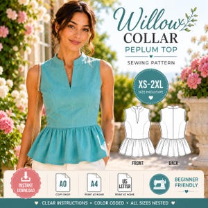 May include: A sewing pattern for a sleeveless teal peplum top with a notched collar. The design includes a front and back technical sketch, size range XS-2XL, and labels for instant download, A0, A4, and US Letter print formats for beginners.