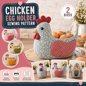 Chicken Egg Holder Sewing Pattern PDF, Hen Egg Basket, Farmhouse Chicken Basket, Egg Gathering Basket, Fabric Hen Tutorial, 2 Sizes