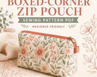 May include: A rectangular zip pouch featuring a floral pattern with muted orange flowers and green leaves on a cream background. The pouch has a matching orange zipper and a small side tab. Text reads: BOXED-CORNER ZIP POUCH SEWING PATTERN PDF.