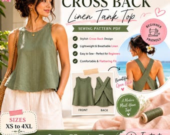 Patrón de costura para top de lino sin mangas con espalda cruzada (tallas XS-4XL) (descarga en PDF)