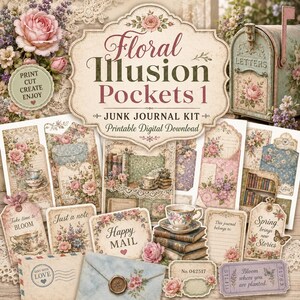 Floral Illusion Junk Journal Kit, Vintage Spring Pockets, Teacup Tags (Digital Download)