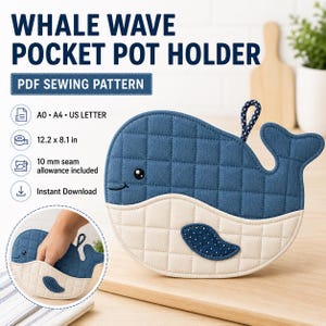 Molde para porta-panelas em formato de baleia, luva de forno com bolso em PDF, costura para iniciantes na cozinha (download instantâneo)