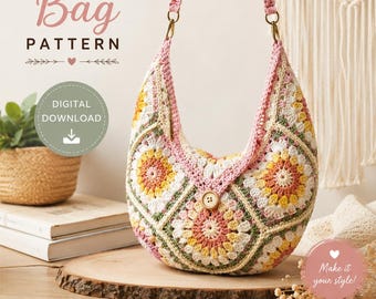 May include: A crochet bag pattern digital download featuring a hobo-style bag made from multi-colored floral granny squares in shades of pink, yellow, and white. The bag has a pink strap, a single wooden button closure, and gold-tone metal hardware.
