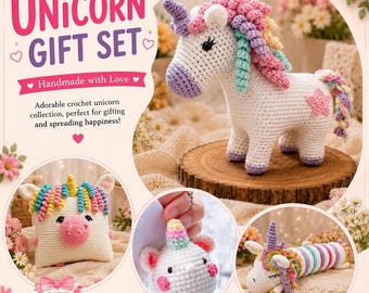 May include: A crochet unicorn gift set featuring a white unicorn plush with a multicolored mane, a square unicorn pillow, a small unicorn ornament, and a long unicorn plush. The text reads UNICORN GIFT SET, Handmade with Love, and GIFT.