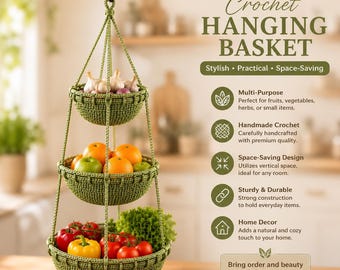 May include: A three-tiered green crochet hanging basket suspended from a wooden rod with a white flower hook. The baskets contain garlic, oranges, apples, tomatoes, and lettuce. Text on the right reads: Crochet HANGING BASKET, Stylish, Practical, Space-Saving, Multi-Purpose, Handmade Crochet, Space-Saving Design, Sturdy & Durable, Home Decor, Bring order and beauty to your space!