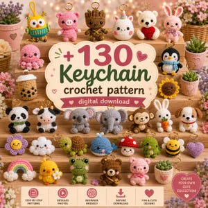 Może przedstawiać: Kolekcja małych, kolorowych szydełkowych breloczków amigurumi w kształcie zwierząt, roślin i figur, z centralnym napisem +130 Keychain crochet pattern digital download oraz ikonami przedstawiającymi wzory i zdjęcia.