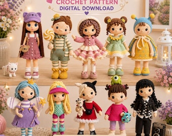 May include: A digital download crochet pattern for 10 dolls, featuring various characters with diverse outfits, hairstyles, and accessories. The text reads 10 DOLL CROCHET PATTERN DIGITAL DOWNLOAD, EASY TO FOLLOW, INSTANT DOWNLOAD, and BEGINNER FRIENDLY.
