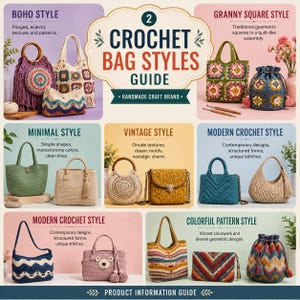 May include: An infographic titled 2 CROCHET BAG STYLES GUIDE featuring various handmade bags in diverse colors, shapes, and textures. The image displays multiple styles including boho, granny square, minimal, vintage, modern, and colorful pattern designs.