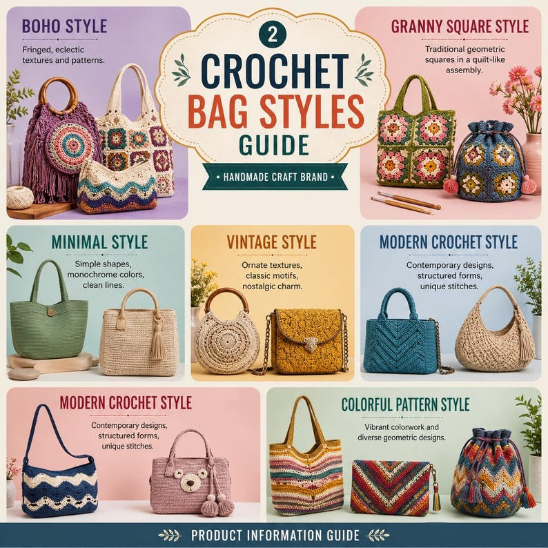 May include: An infographic titled 2 CROCHET BAG STYLES GUIDE featuring various handmade bags in diverse colors, shapes, and textures. The image displays multiple styles including boho, granny square, minimal, vintage, modern, and colorful pattern designs.