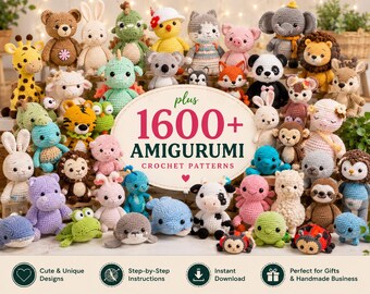 May include: A collection of various crocheted amigurumi animal figures including a giraffe, bear, elephant, lion, and panda. A central oval sign displays the text plus 1600+ AMIGURUMI CROCHET PATTERNS with a small red heart icon below the text.