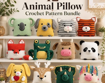 May include: A collection of 12 square crochet animal pillows featuring a koala, dog, cat, tiger, fox, frog, cow, panda, rabbit, deer, triceratops, and unicorn. The text 12 Animal Pillow Crochet Pattern Bundle Digital Download is visible.