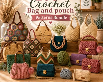 May include: A collection of various crochet bags and pouches in different colors, shapes, and textures. The text 200+ Crochet Bag and pouch Patterns Bundle is displayed at the top, with icons for digital download, patterns, and instructions below.