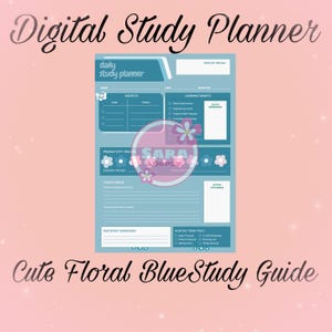 Op de afbeelding: Een digitale studieplanner in blauw en wit, met secties voor vakken, leerdoelen en productiviteitstracking. De tekst "Digital Study Planner" en "Cute Floral Blue Study Guide" wordt weergegeven in een sierlijk lettertype.