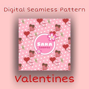 Op de afbeelding: Digitaal naadloos patroon met een Valentijnsdagthema. Het ontwerp toont rode hartballonnen, hartvormige chocolaatjes en kleine witte hartjes op een roze achtergrond. Een roze cirkel met de tekst "SARA LOOPSY" en een bloem staat in het midden.