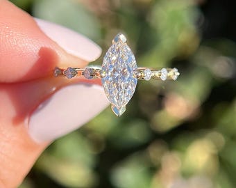 1.39ct Marquise Cut Lab Grown Diamond Engagement Ring, 14K Gold Bubble Prong Band, 1.25ct Elongated Diamond, Dainty V Tip Bridal Gift