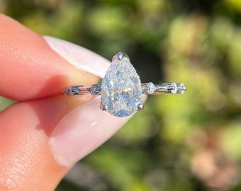 Anillo de compromiso con diamante cultivado en laboratorio de talla pera de 1,38 ct, banda de oro de 14 quilates con engaste de burbujas, anillo con halo oculto en forma de pera de 1,25 ct, regalo nupcial con punta en V en forma de lágrima.