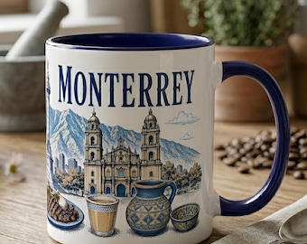 Taza de café de Monterrey, México – Taza de cerámica con detalles coloridos, regalo de recuerdo con el horizonte de la ciudad