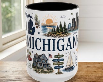 Taza de café con iconos de Michigan / Recuerdo del estado de los lagos, horizonte de Detroit, capital de la cereza