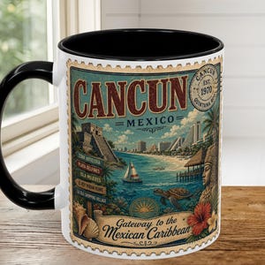 Cancun Mexiko Kaffemugg 340 g 410 g, Vintage Frimärke Keramikmugg