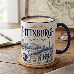 May include: A white ceramic mug with a dark blue rim and handle, filled with coffee. The exterior features a detailed blue and gold illustration of Pittsburgh, including the text Pittsburgh City of Bridges, PNC Park, and A Great Day For Hockey.