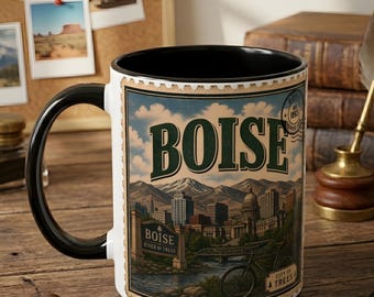 Taza con postal vintage de Boise, Idaho / Taza de café de viaje retro de 11 pulgadas y 15 onzas.