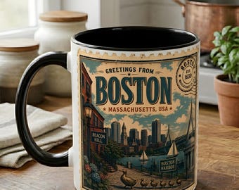 Taza de café con sello vintage de Boston / Taza de viaje retro de Massachusetts 11, 15 oz