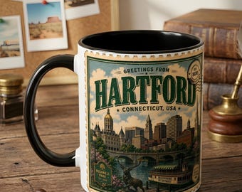 Taza con postal vintage de Hartford, Connecticut / Taza de café de viaje retro