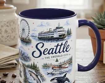 Taza de recuerdo de Seattle, Washington: taza de café con collage del horizonte y atracciones emblemáticas de la ciudad.